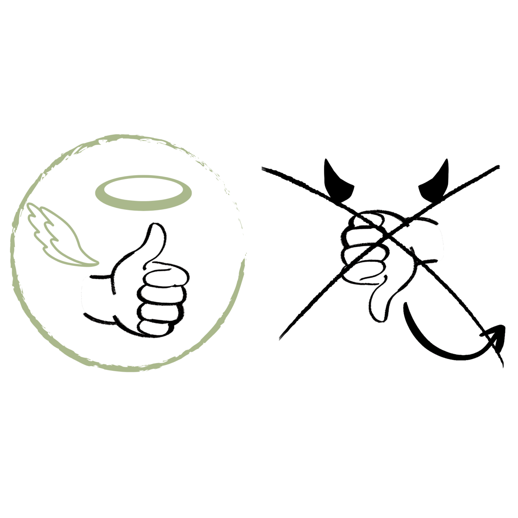 Drawing of thumbs up with angel motifs circled, thumbs down with devil motifs crossed out