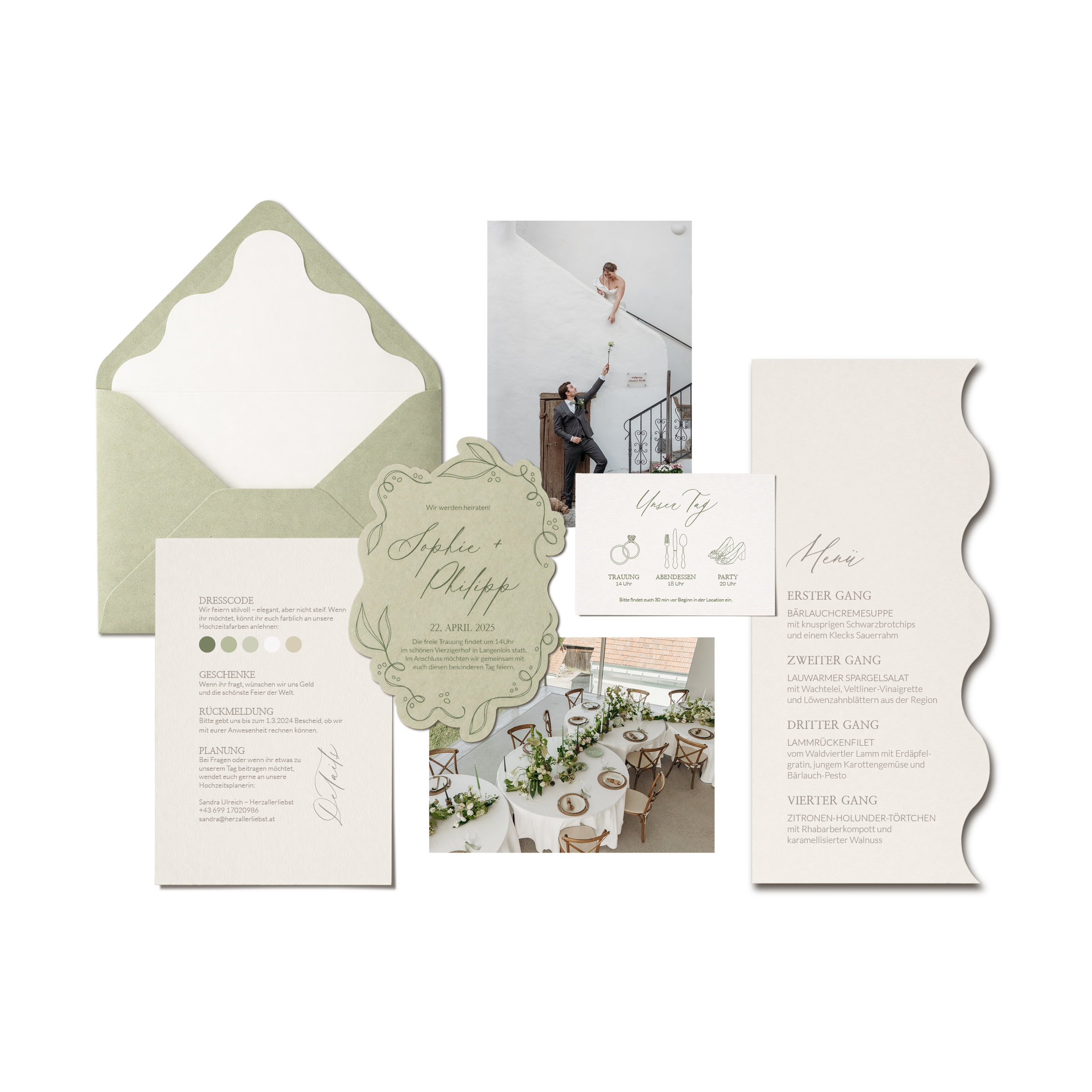 Ein Hochzeitsmenü mit verschiedenen Gängen. Das Menü umfasst einen Vorspeisenteller, einen Hauptgang mit Lammrücken und Beilagen, sowie ein Dessert mit Zitronen-Honig-Törtchen. Das Bild zeigt elegant gedeckte Tische in einem hell erleuchteten Raum.