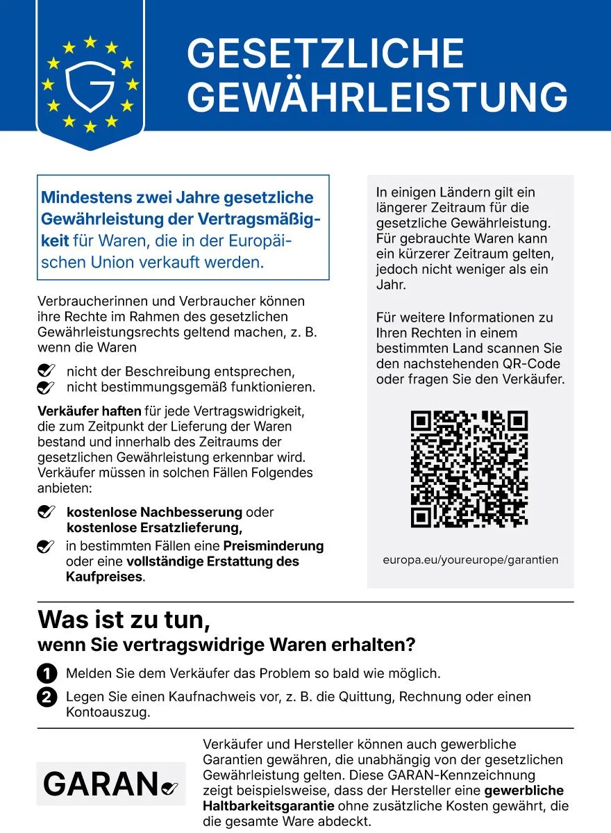 Informationsblatt zur gesetzlichen Garantie, mit QR-Code und europäischen Symbolen, Text über Garantiefristen, Rechte der Verbraucher und Vorgehensweise bei mangelhafter Ware.