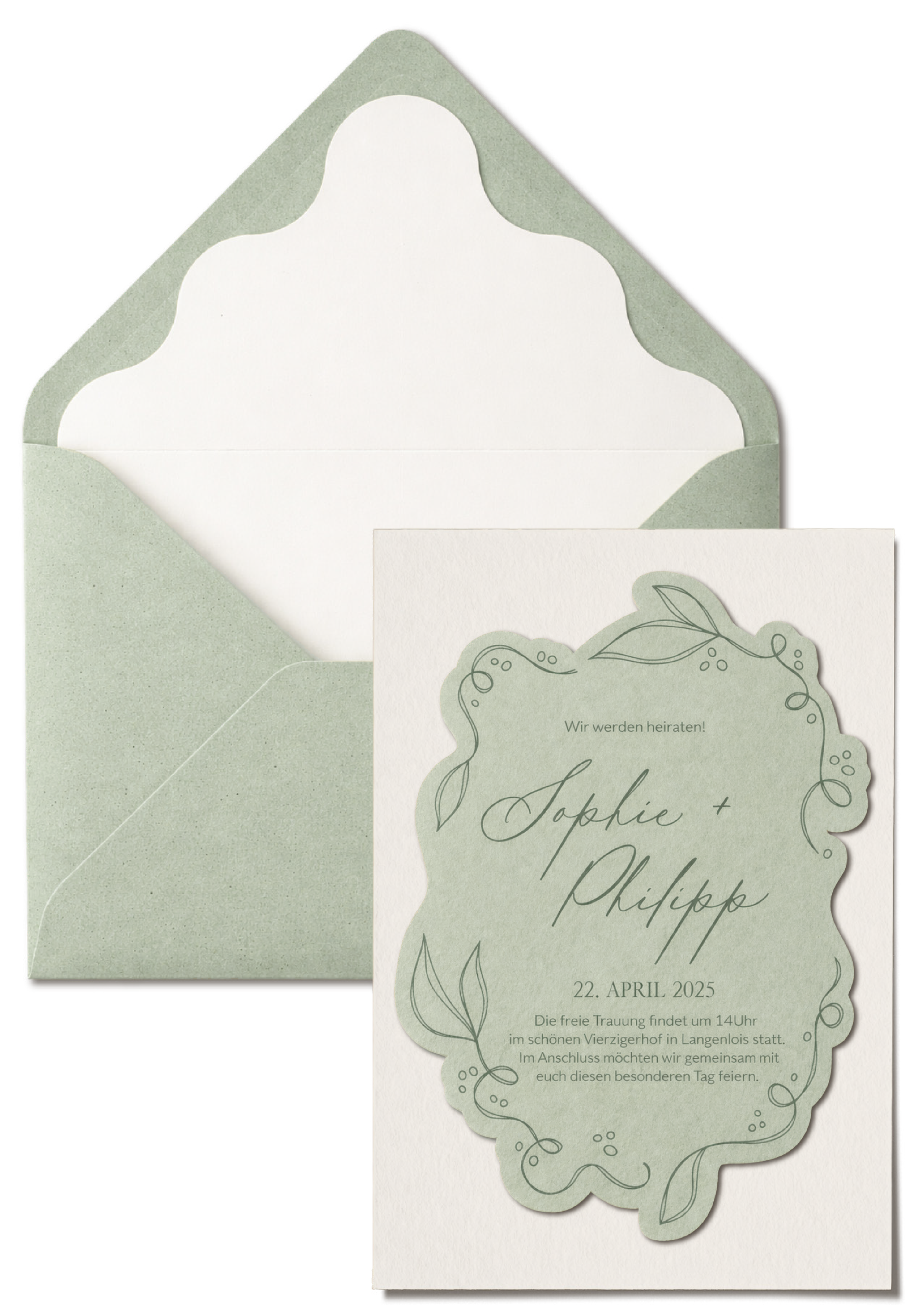 Ein Einladungsschreiben für eine Hochzeit mit dem Datum 22. April 2025 und den Namen Sophie und Philipp, in einem grünen, verzierenden Design.