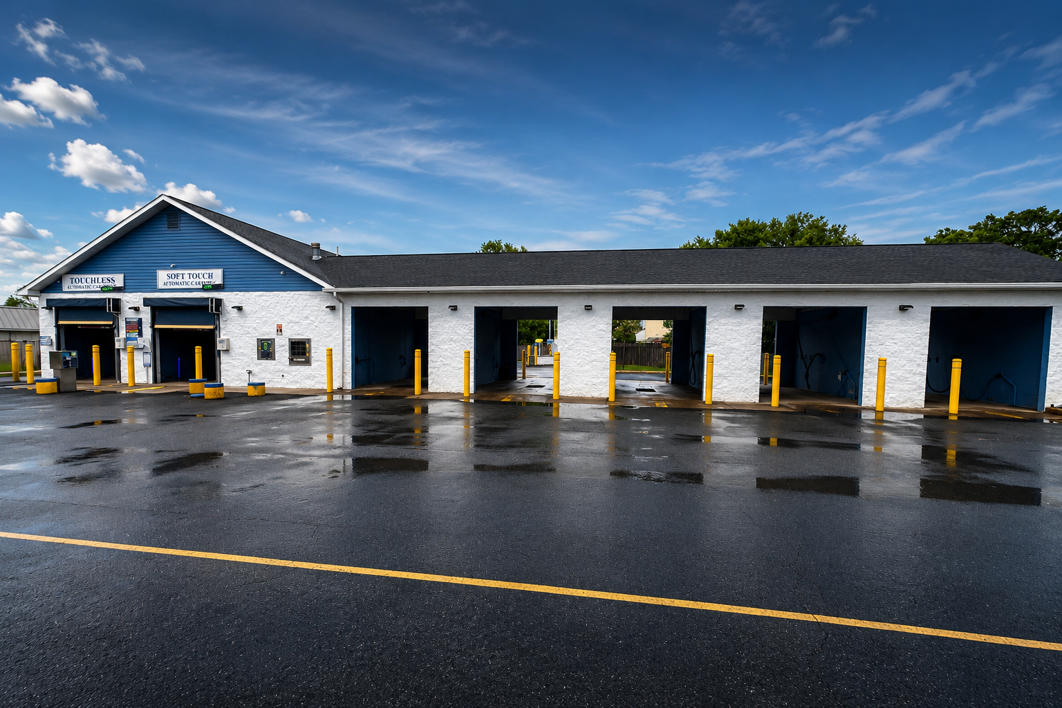 Self-serve car wash with multiple bays, yellow barriers, and signage reading "Touchless" and "Soft Touch" on a white and blue building, with a wet black asphalt parking lot reflecting the sky and building during daytime.