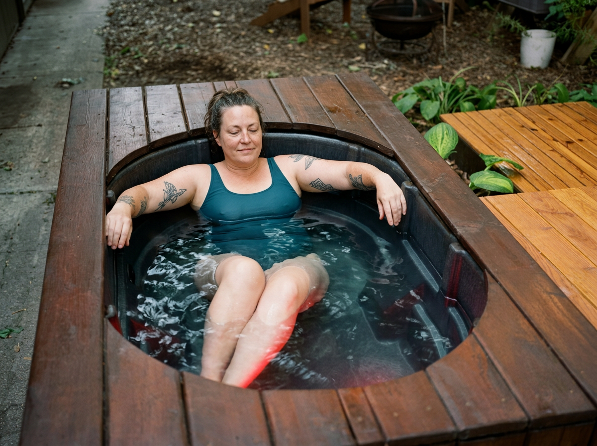 A woman relaxing in a hot tub with a wooden surround outdoors, with plants and garden elements in the background.