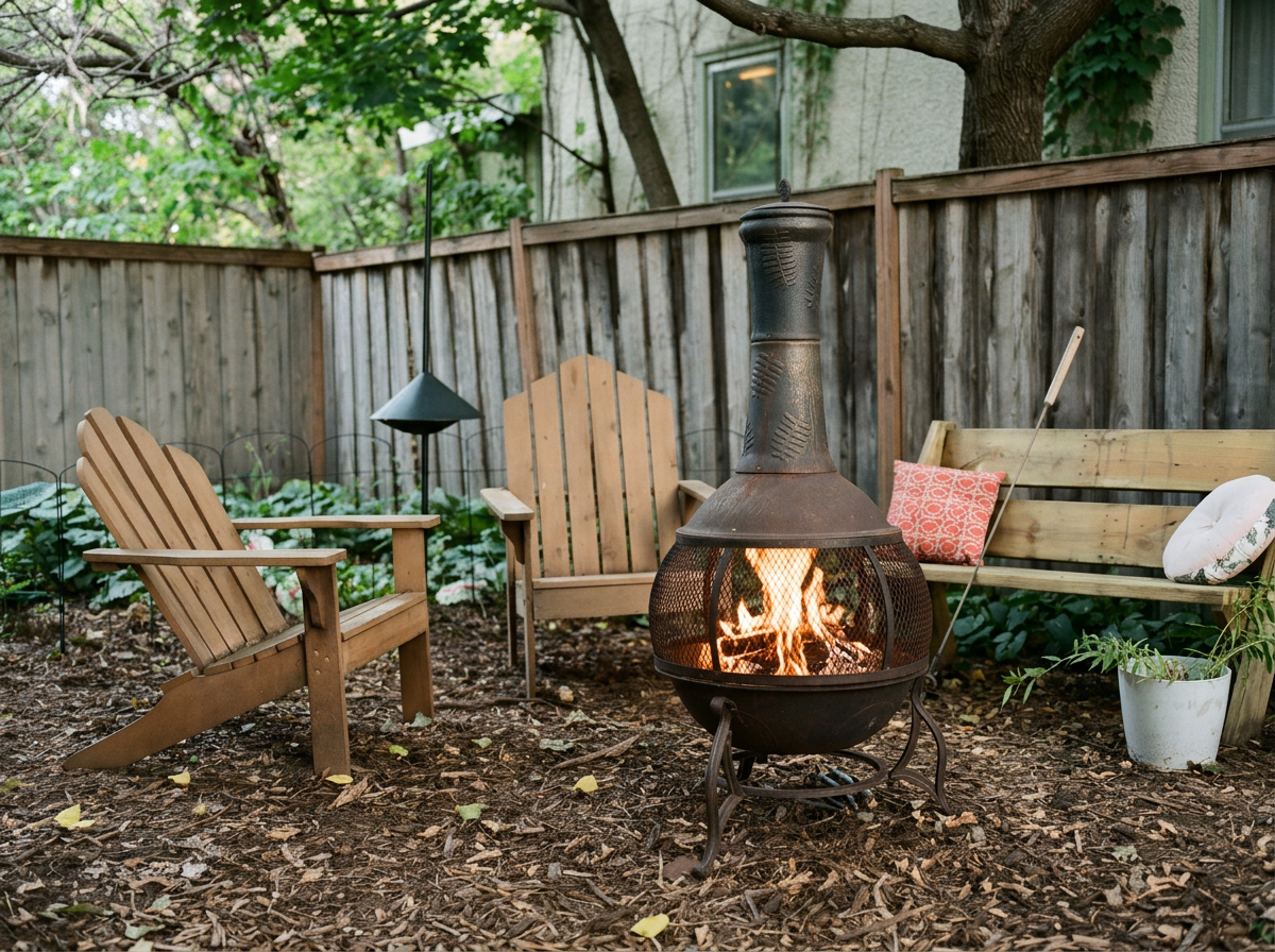 A cozy backyard patio with wooden furniture around a fire pit, potted plants, and a wood fence, with trees in the background.