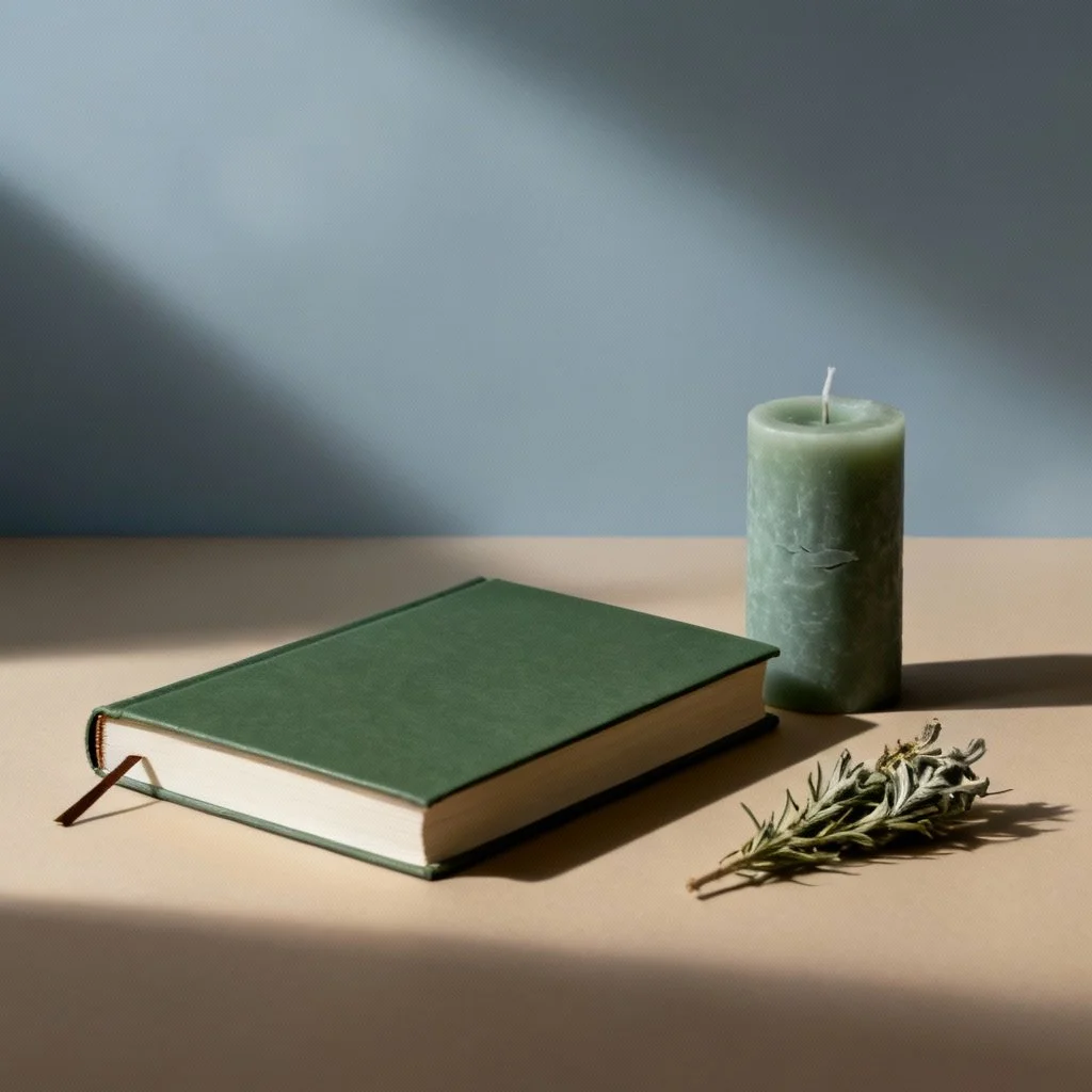 Un livre avec une couverture verte, une bougie verte, et une branche de lavande sur une surface beige, avec un fond bleu clair.