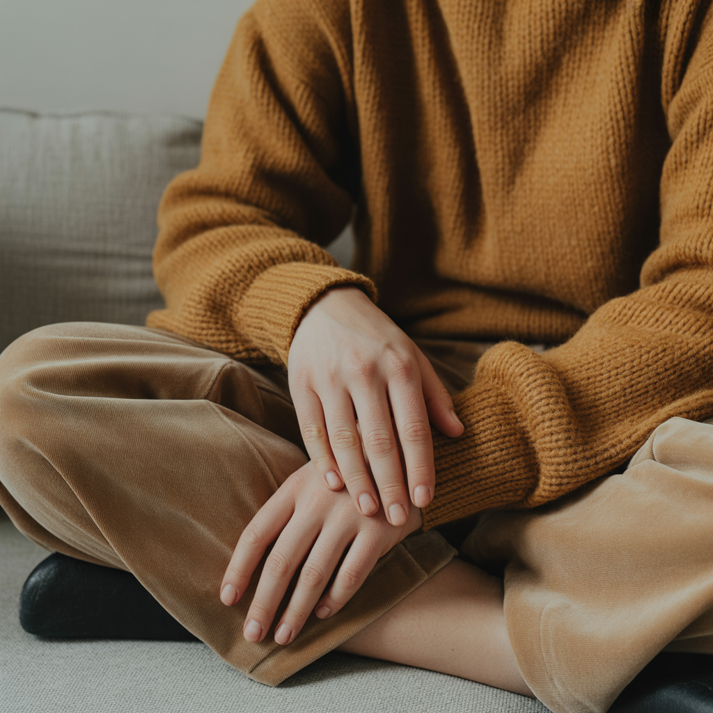 Personne assise en tailleur portant un pull en maille marron et un pantalon beige, les mains posées sur le genou.