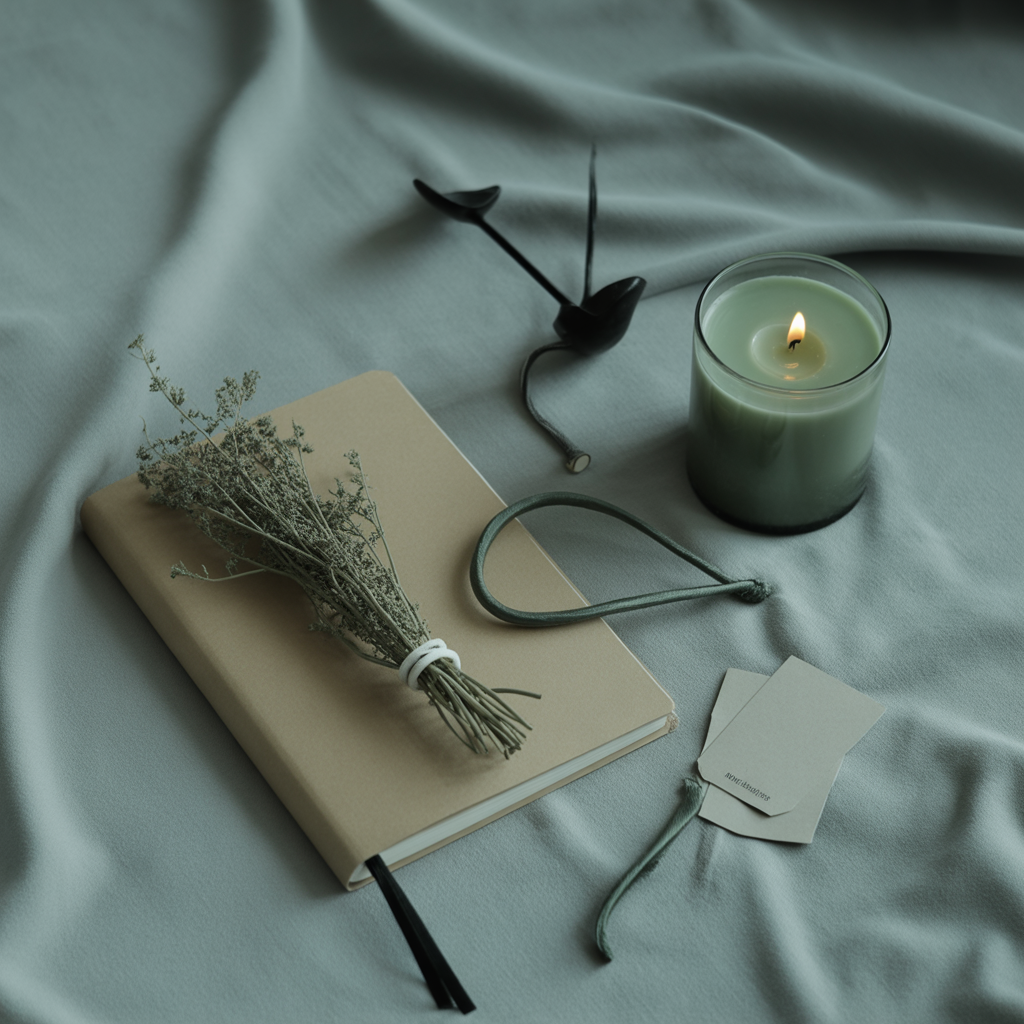 Une bougie verte allumée, un magazine beige avec un bouquet de fleurs séchées attaché, un casque audio noir, deux petits papiers blancs et un ruban. Le tout repose sur un tissu gris clair.