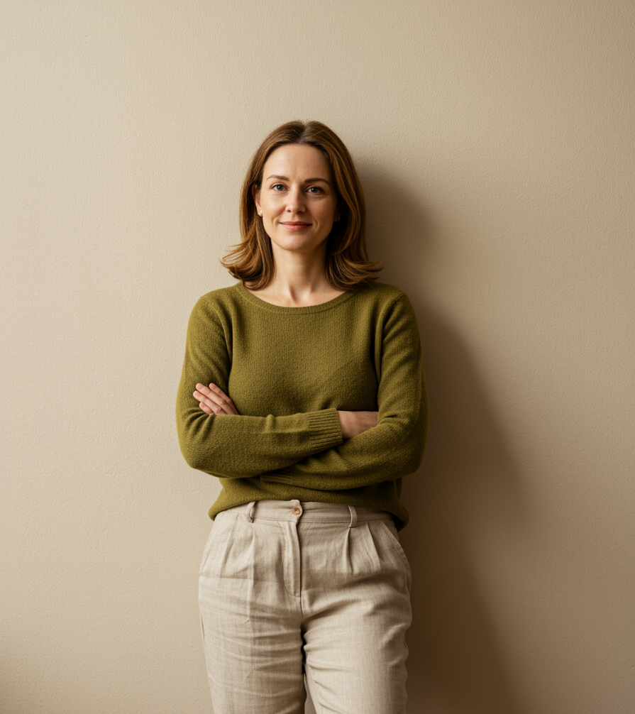 Femme avec des bras croisés, portant un pull vert olive et un pantalon beige, se tenant contre un mur beige, regardant vers l'avant avec un léger sourire.