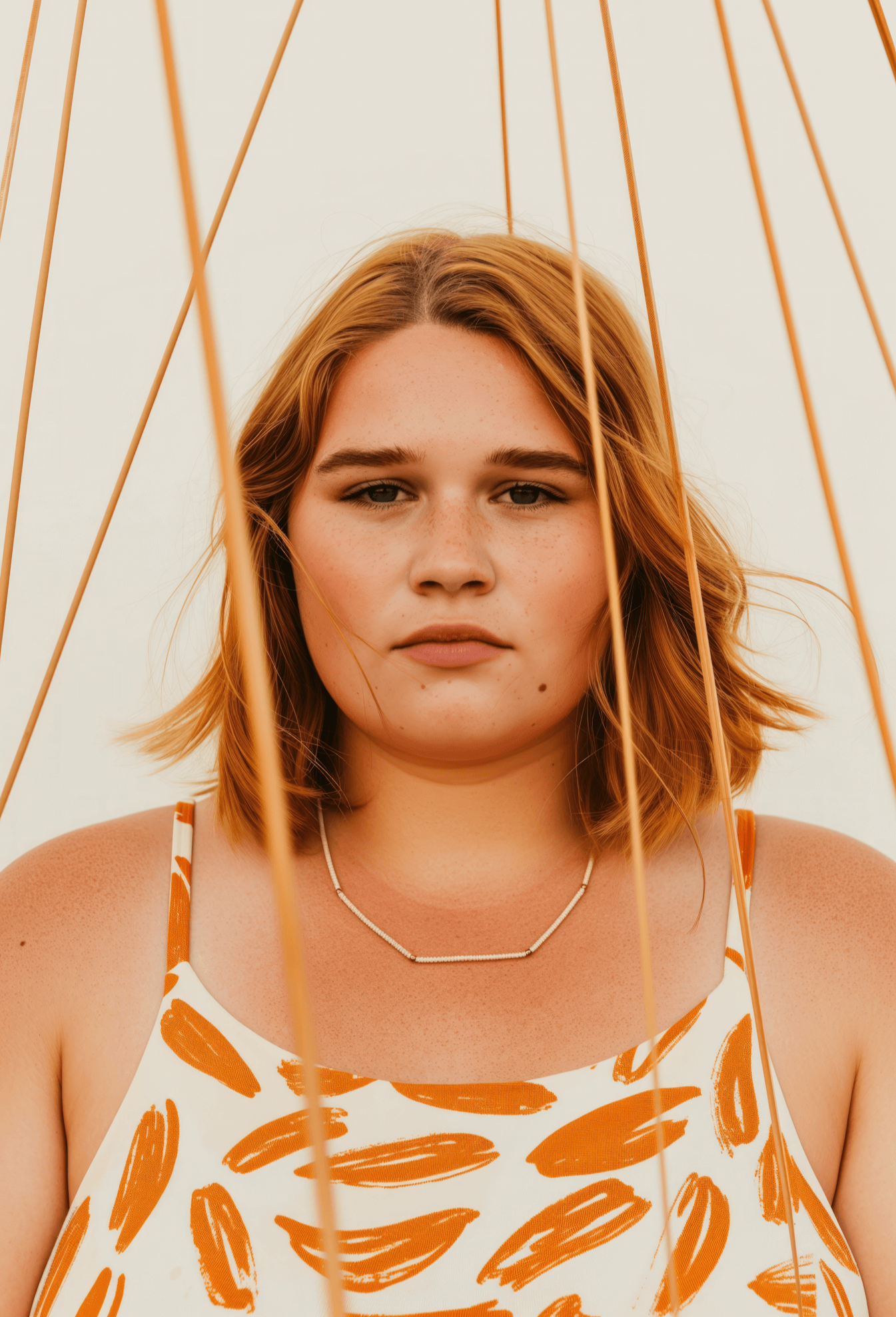 Jeune femme aux cheveux roux, portant une robe blanche avec un motif orange et une chaîne fine, située derrière des cordeles orange, avec un fond blanc.