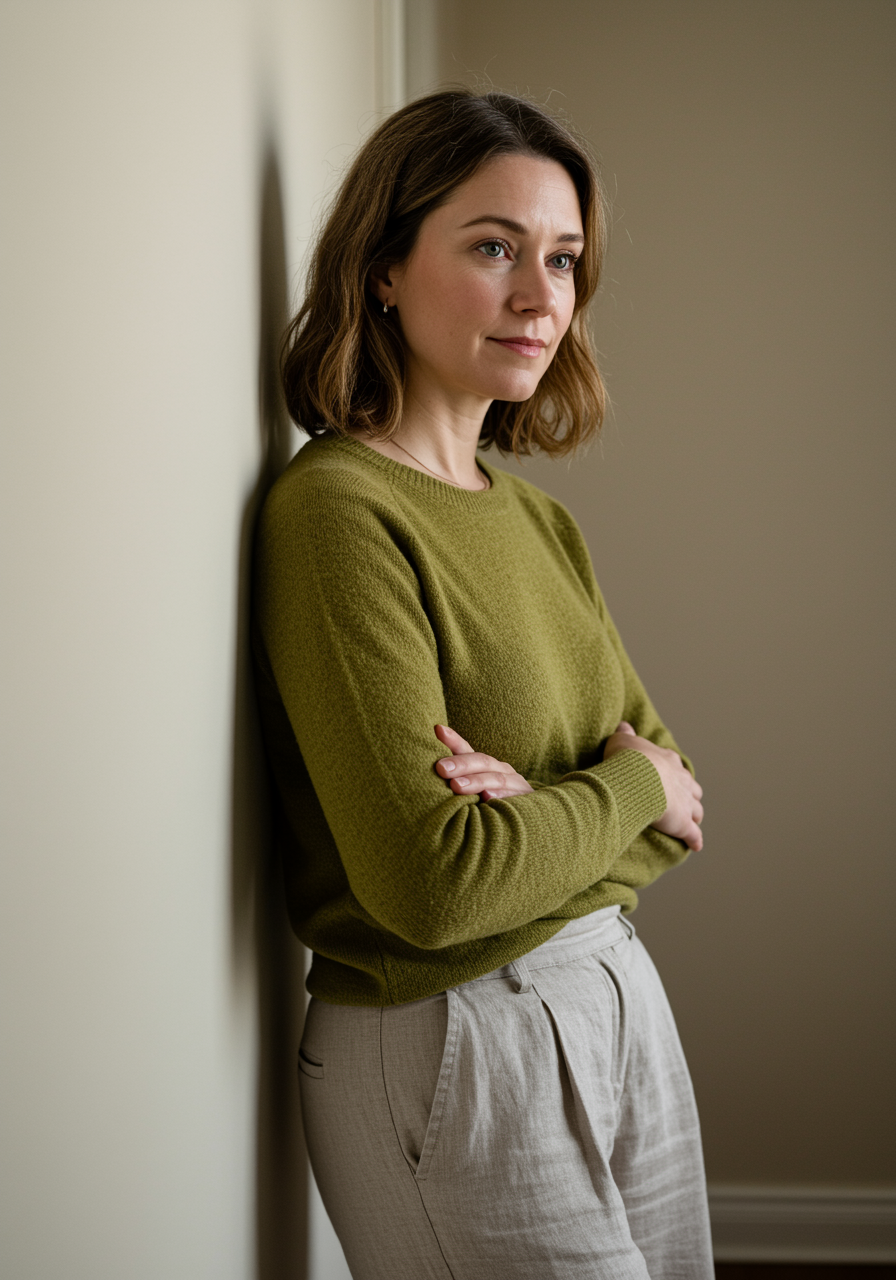 Femme aux cheveux bruns, portant un pull vert et un pantalon beige, se tenant contre un mur en regardant légèrement sur le côté.