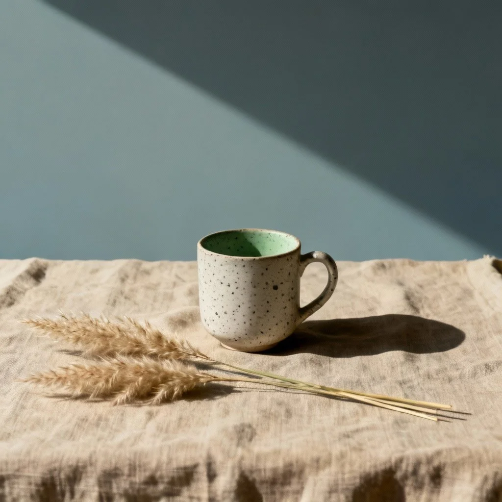 Tasse à café blanche avec intérieur vert, posée sur une nappe en tissu beige, avec des tiges de paille sèche à côté, éclairée par la lumière naturelle créant une ombre à droite.