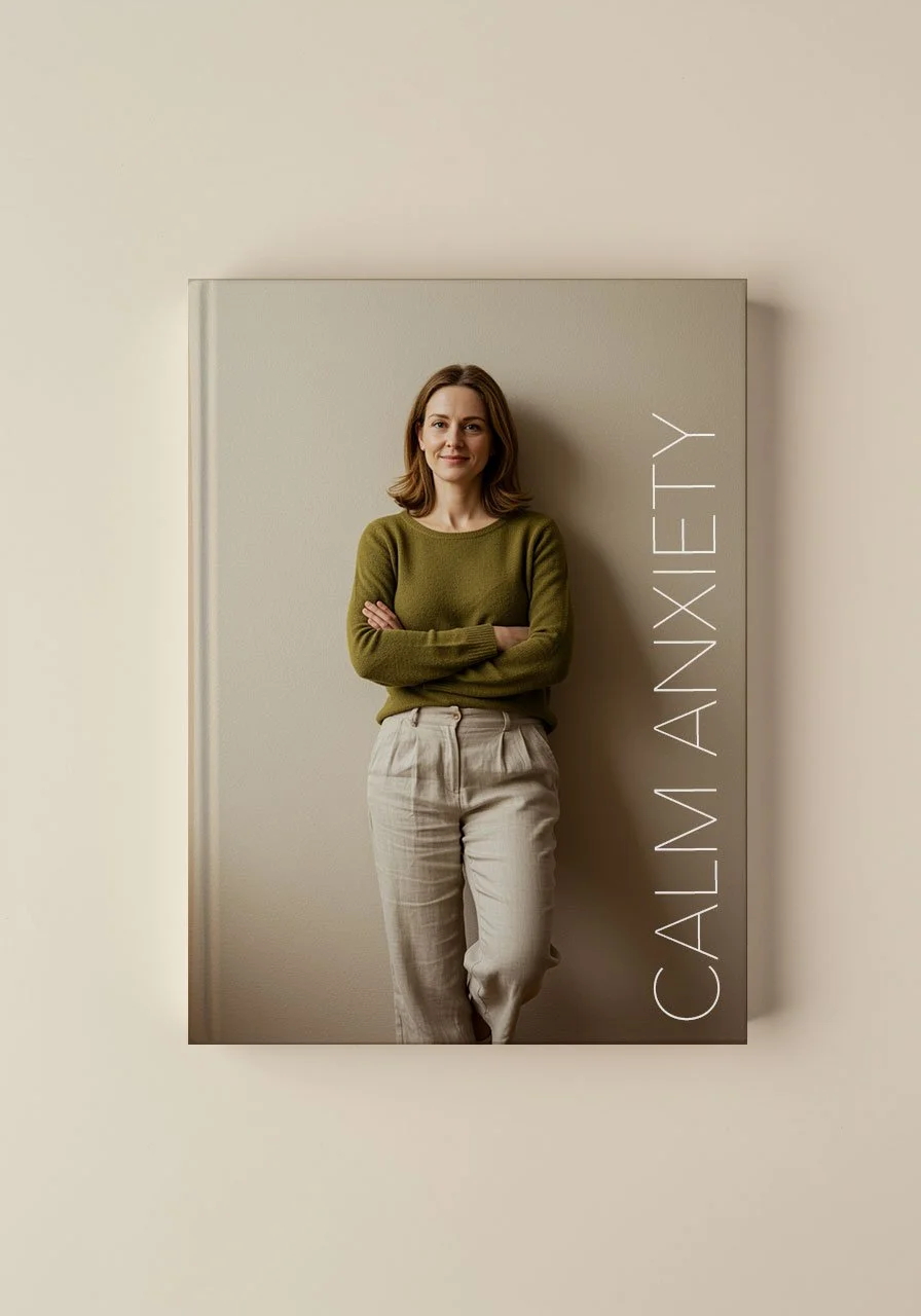 Photo d'une femme souriante avec des bras croisés, vêtue d'un pull vert et d'un pantalon beige, contre un mur beige. À droite de l'image, le texte 'CALM ANDY' écrit en blanc.
