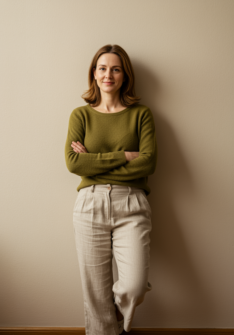Femme souriante avec des bras croisés, portant un pull vert et un pantalon beige, se tenant contre un mur beige.