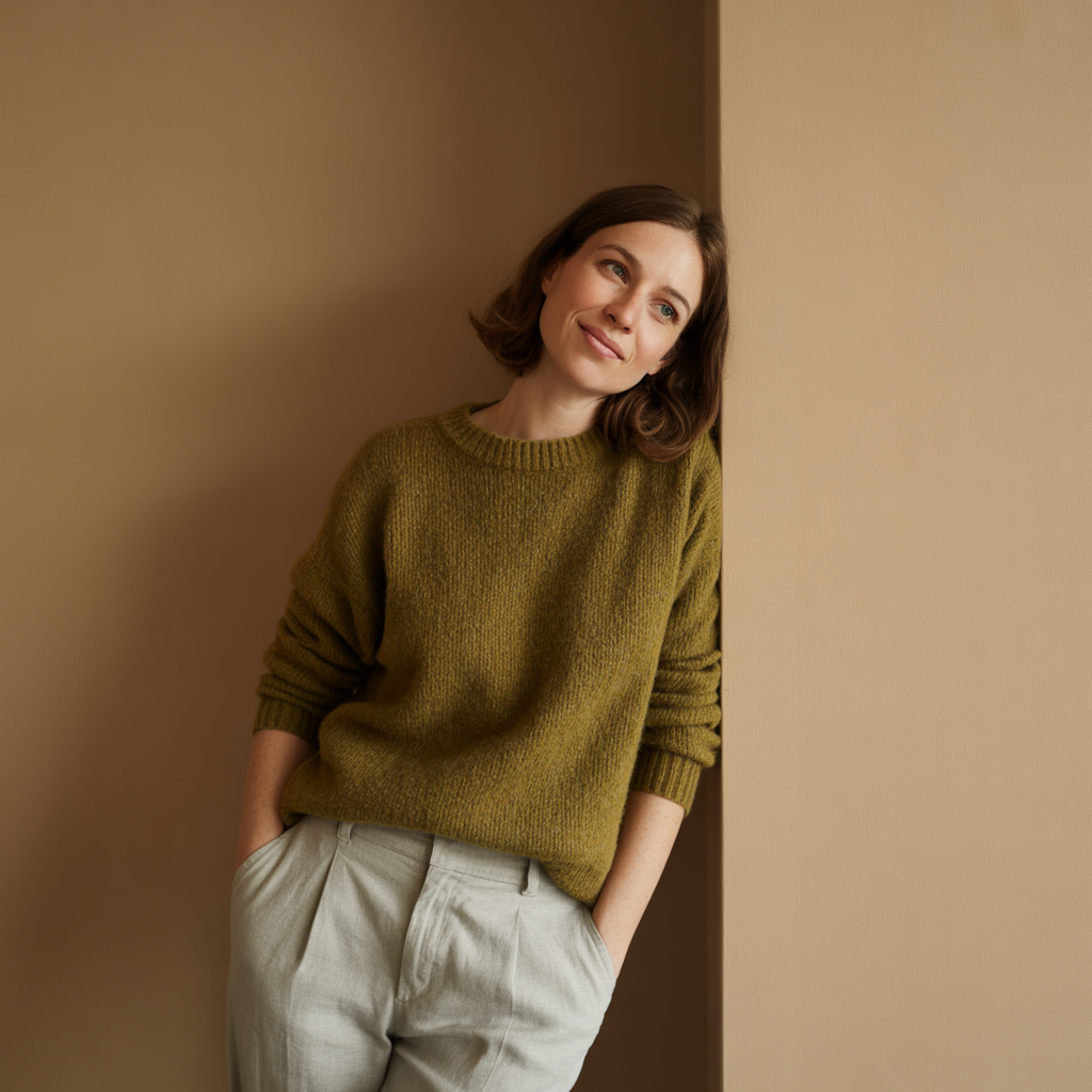 Une femme jolie avec des cheveux bruns courts, portant un pull en laine vert olive et un pantalon beige, elle sourit et regarde vers le haut, debout contre un mur beige.