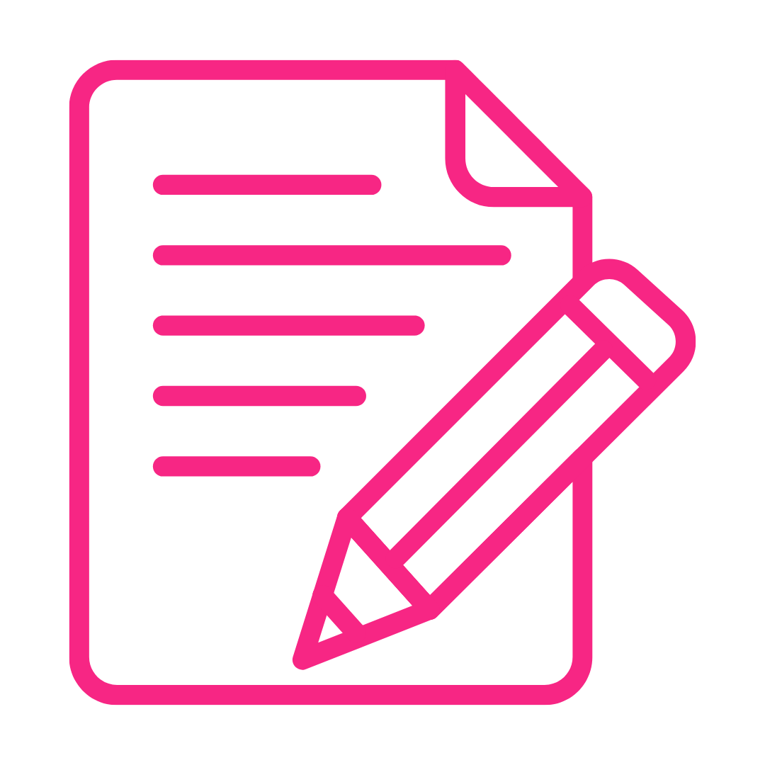 Outline of a pink document with lines of text and a pink pencil