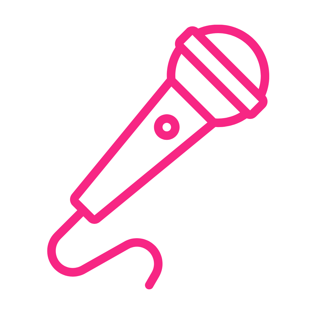 Pink outline of a microphone on a black background.