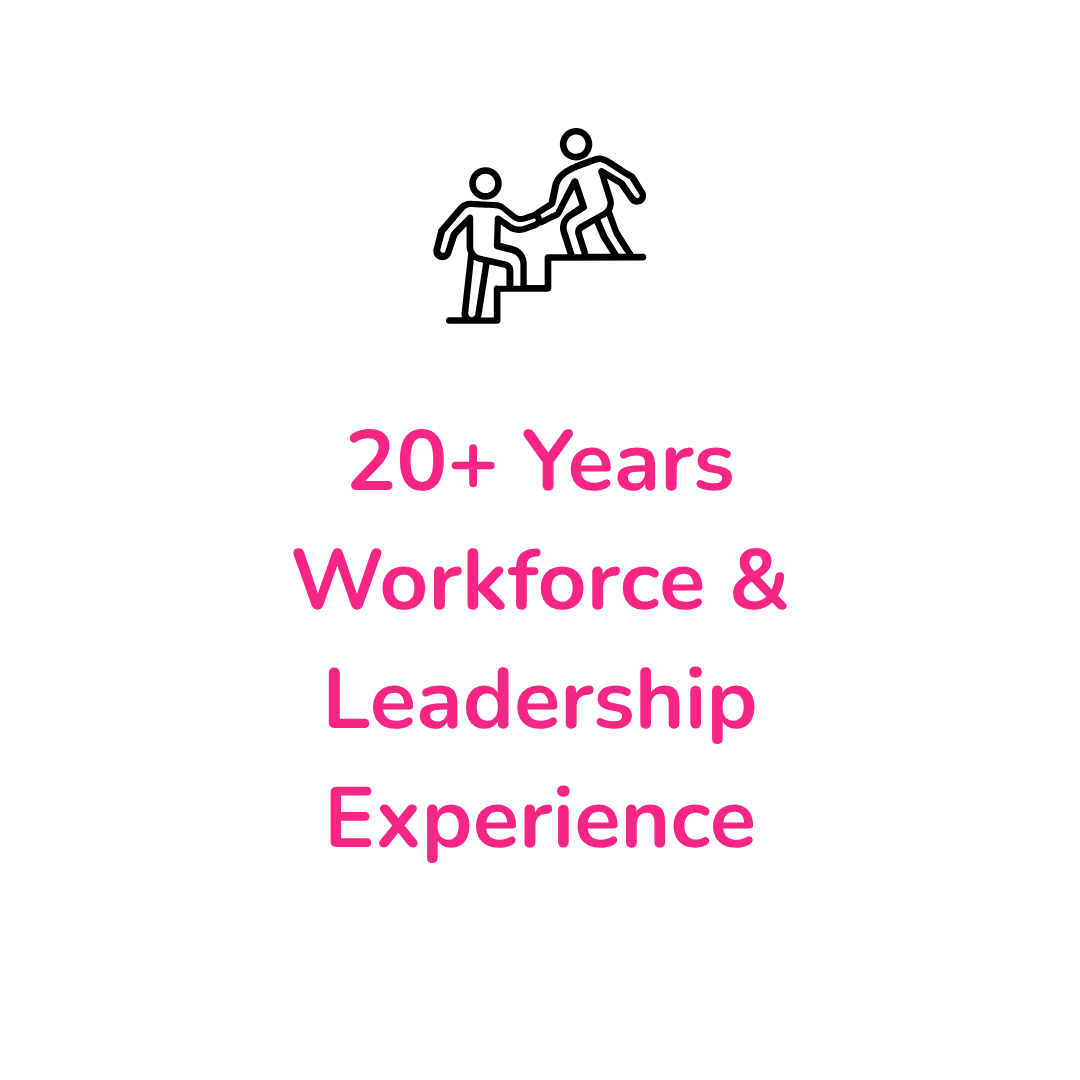 Text overlay on black background: '20+ Years Workforce & Leadership Experience' in pink font.