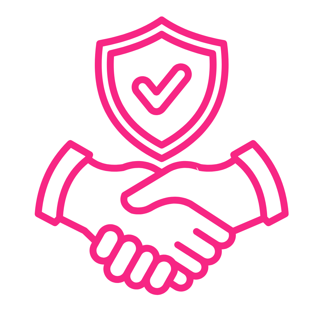 Pink outline of two hands shaking, with a shield and checkmark above, symbolizing trust and security.