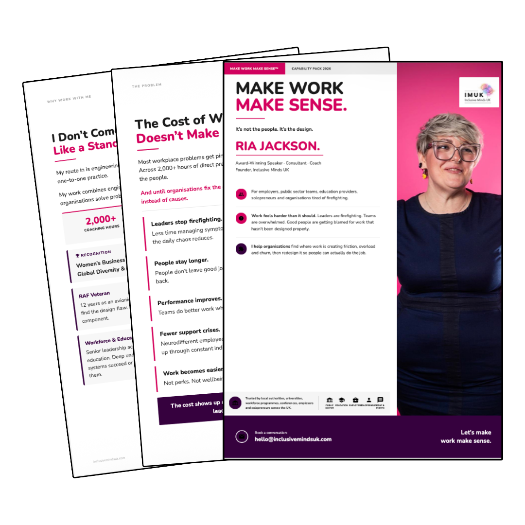 images of the  'Make Work Make Sense Capability Pack' featuring Ria Jackson, and a woman with short, light-colored hair and glasses on a pink background.