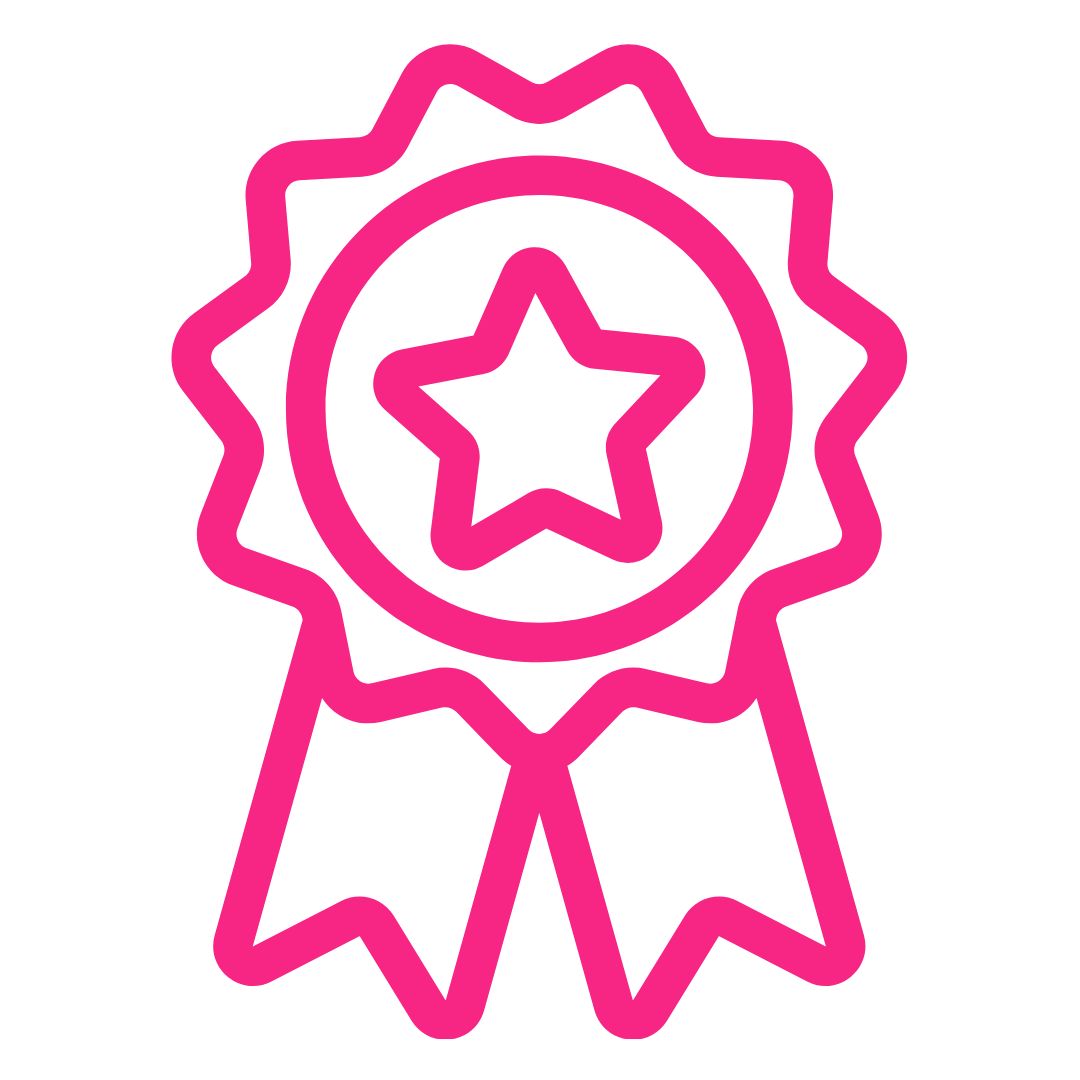 Pink neon outline of a medal with a star in the center and two ribbons hanging down.