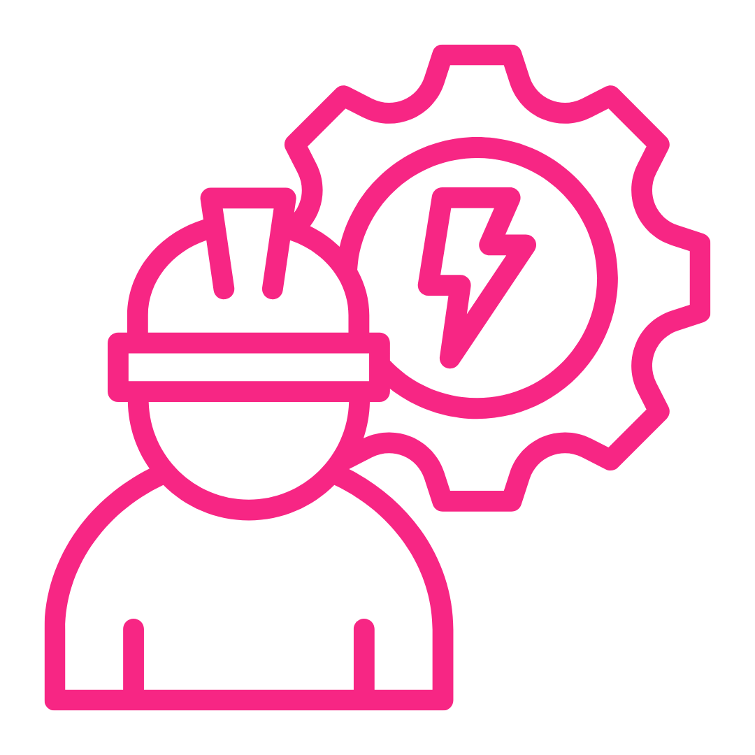 Outline of a person with a gear and a lightning bolt symbol, representing engineering or technical work in energy or electricity, in pink lines on a black background.