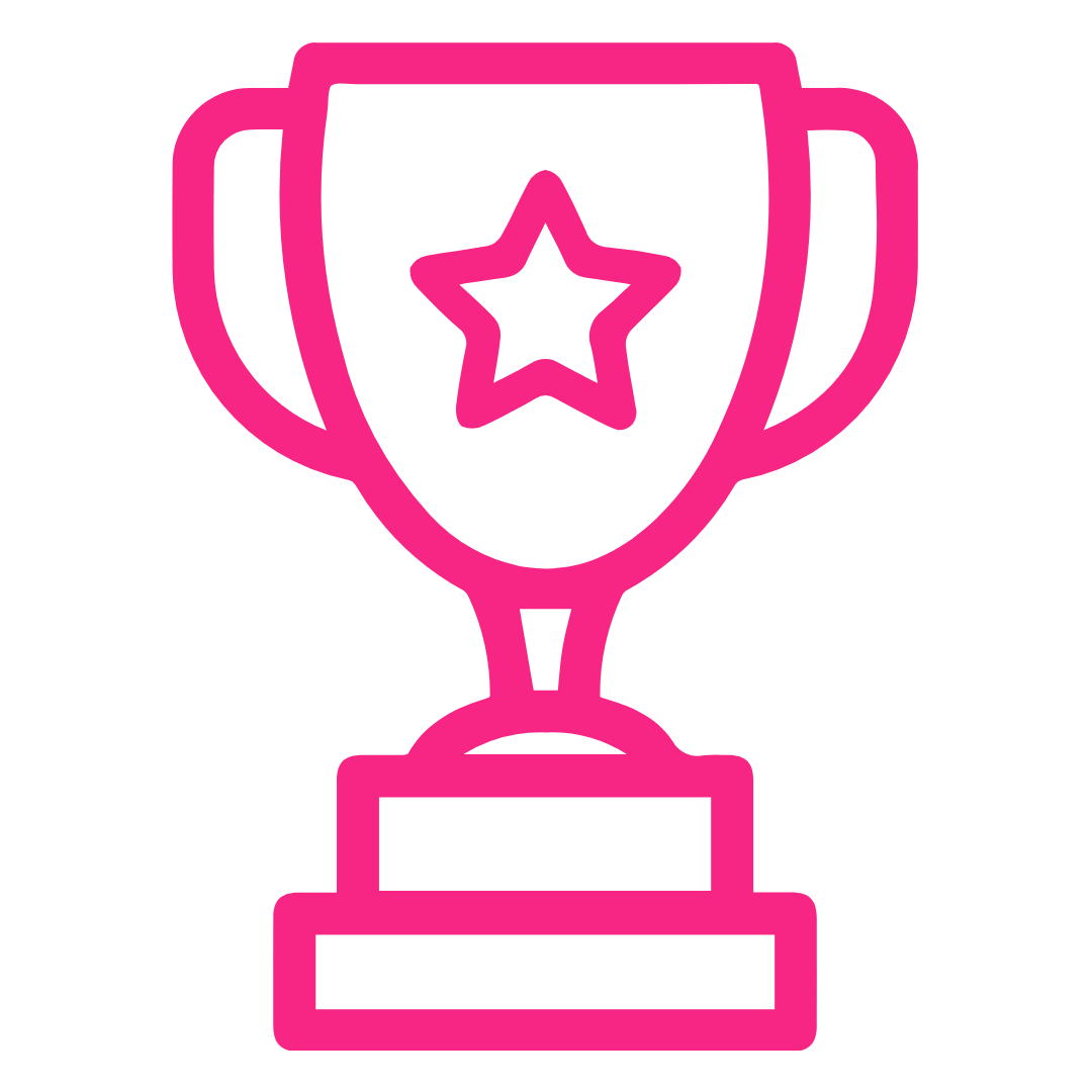 Pink outline of a trophy with a star inside it, on a black background.