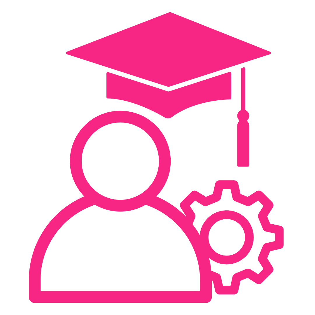 Pink icon of a person wearing a graduation cap, with a gear symbol next to them, indicating education or training in a technical or mechanical field.