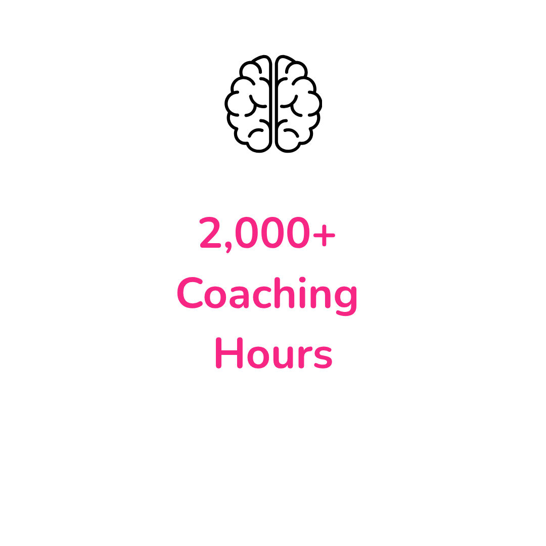 A black background with a white outline of a person holding a big checkmark, emphasizing over 2,000 coaching hours in pink text.