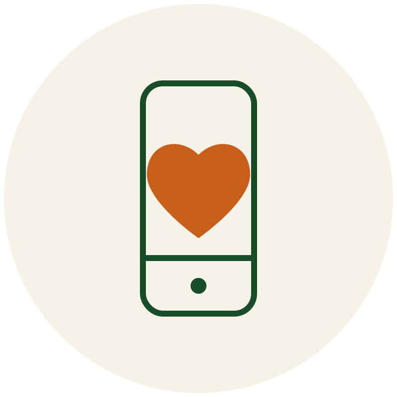 circular khaki image with a green phone outline and orange heart in the middle