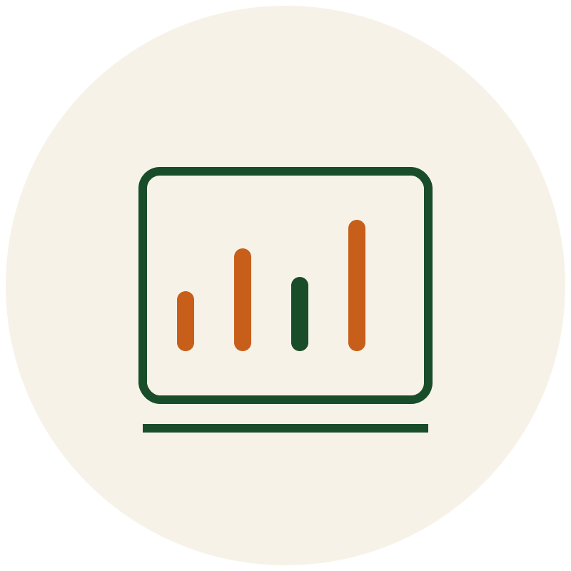 khaki circular image with green simplified computer in the middle and an orange and green line chart graph