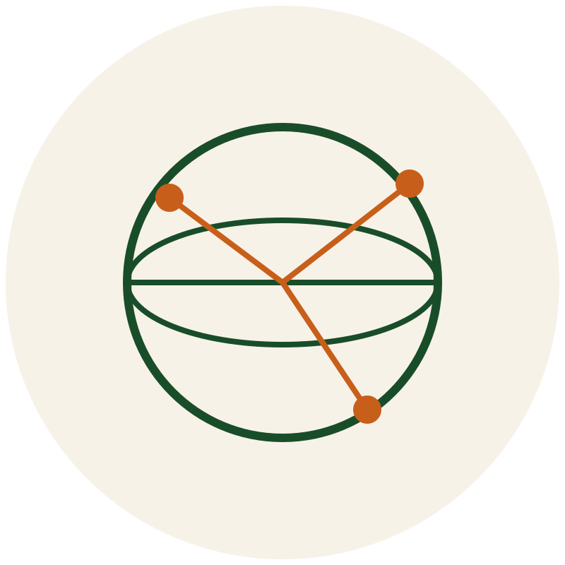 beige circle with green circle inside and a network of green and orange lines within