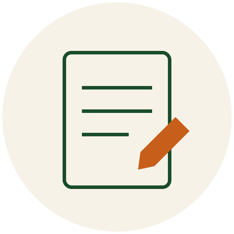 beige circular image with green page outline and an orange pencil