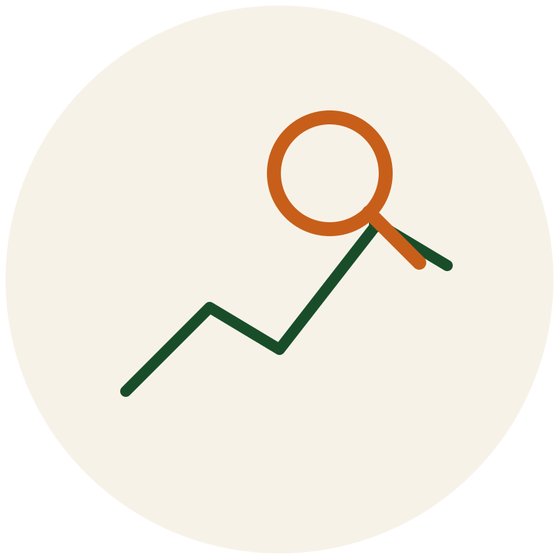A line graph with an upward trend and a magnifying glass over the last data point.