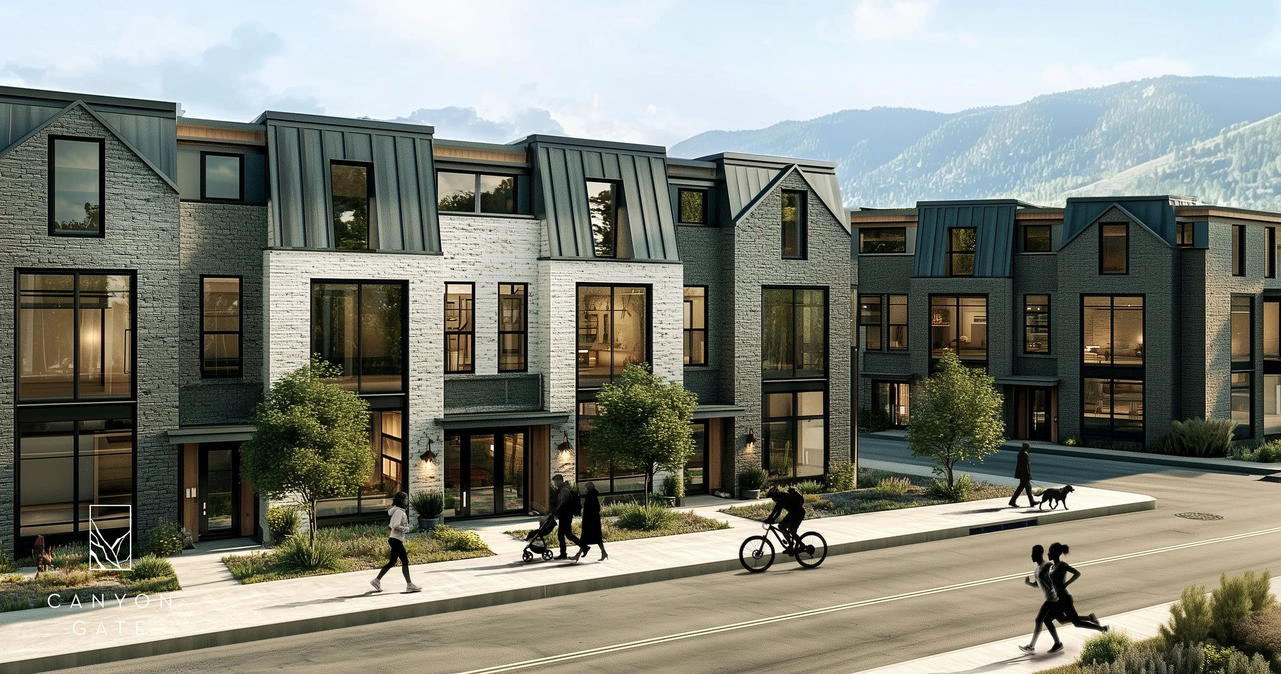 Modern apartment buildings with large windows and flat roofs, surrounded by small trees and landscaped areas, with people walking and biking on the sidewalk in the foreground, mountain range in the background.