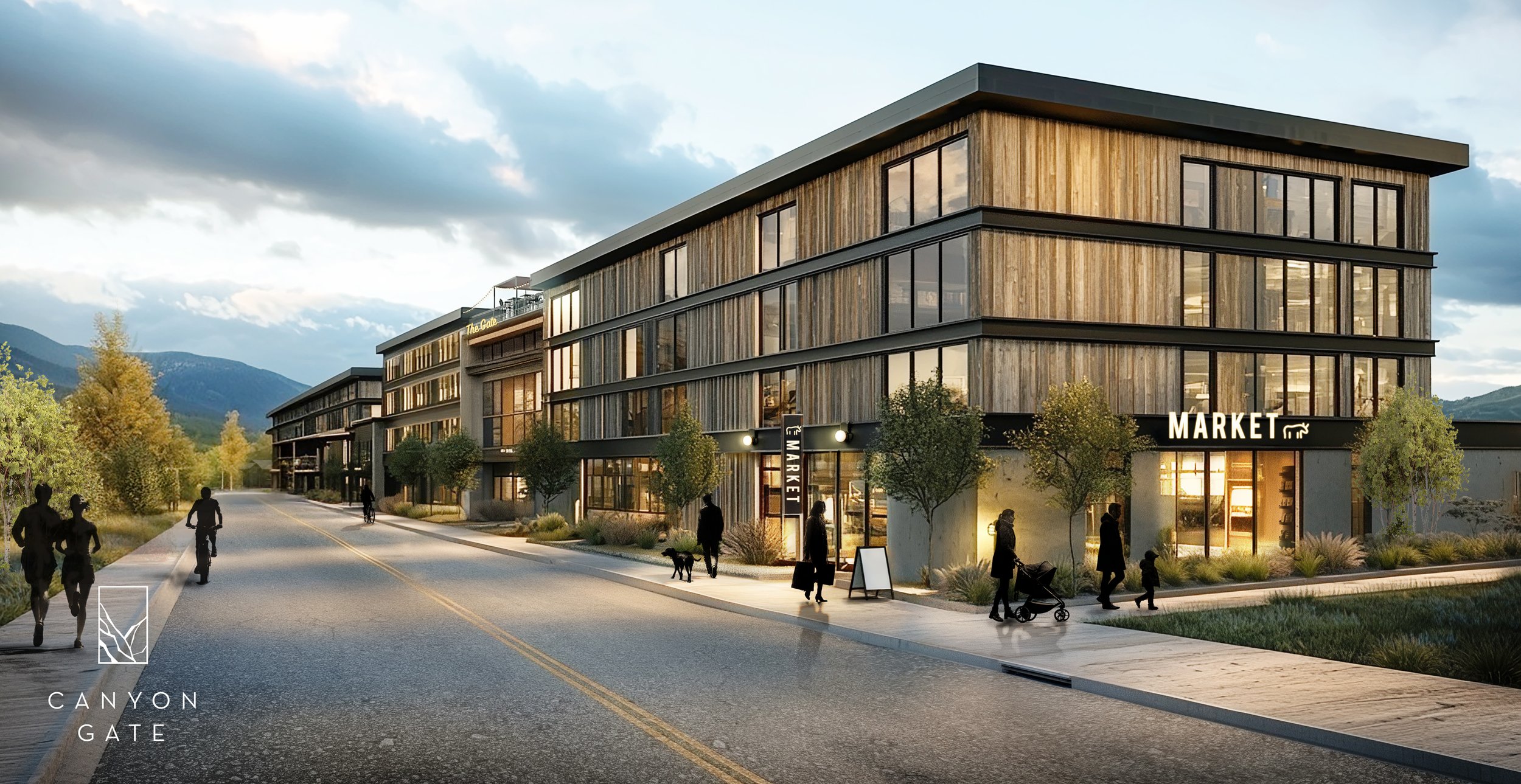 Modern multi-story building with a wooden exterior and large glass windows, housing a market on the ground floor. People are walking and biking on the street, with trees and mountains in the background at dusk.