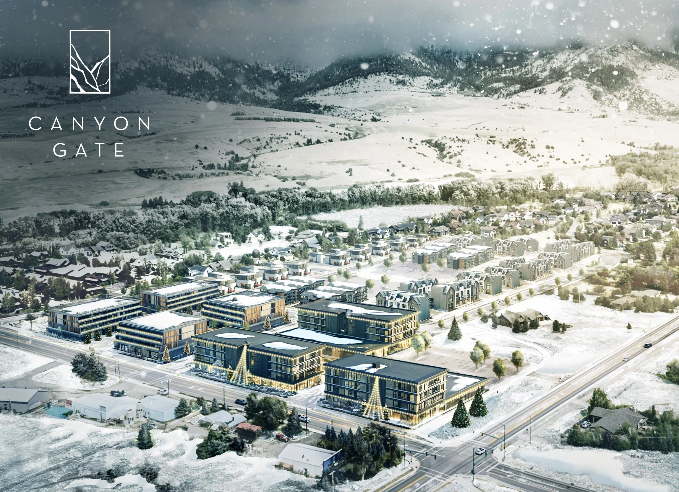 A snowy landscape showing mountains, a valley, and a residential area. The image features buildings with snow-covered roofs and decorated Christmas trees, suggesting a holiday season. There is also a logo with a stylized canyon landscape and the words "Canyon Gate".