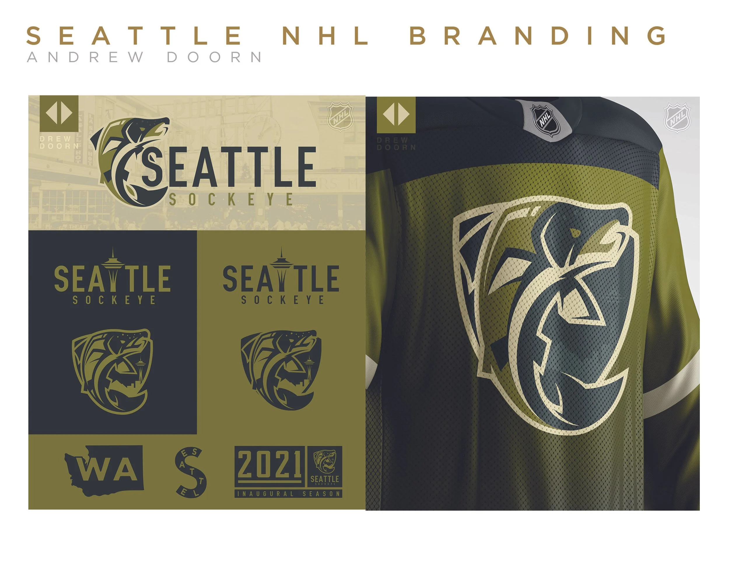 A graphic collage promoting the Seattle NHL hockey team, featuring the team logo with a bear's face, the words "Seattle Sockeye," and related symbols including a stylized mountain, the state of Washington outline, and text indicating the 2021 season and inaugural season.
