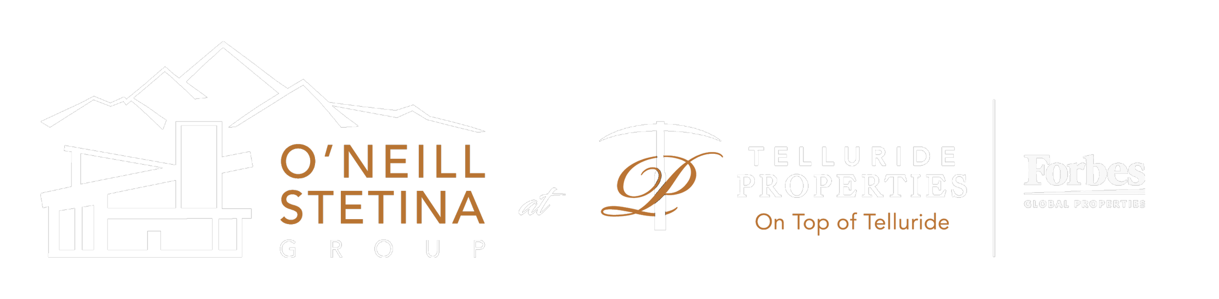 Logos of O'Neill Stetina Group, Telluride Properties, and Forbes Global Properties on a black background.