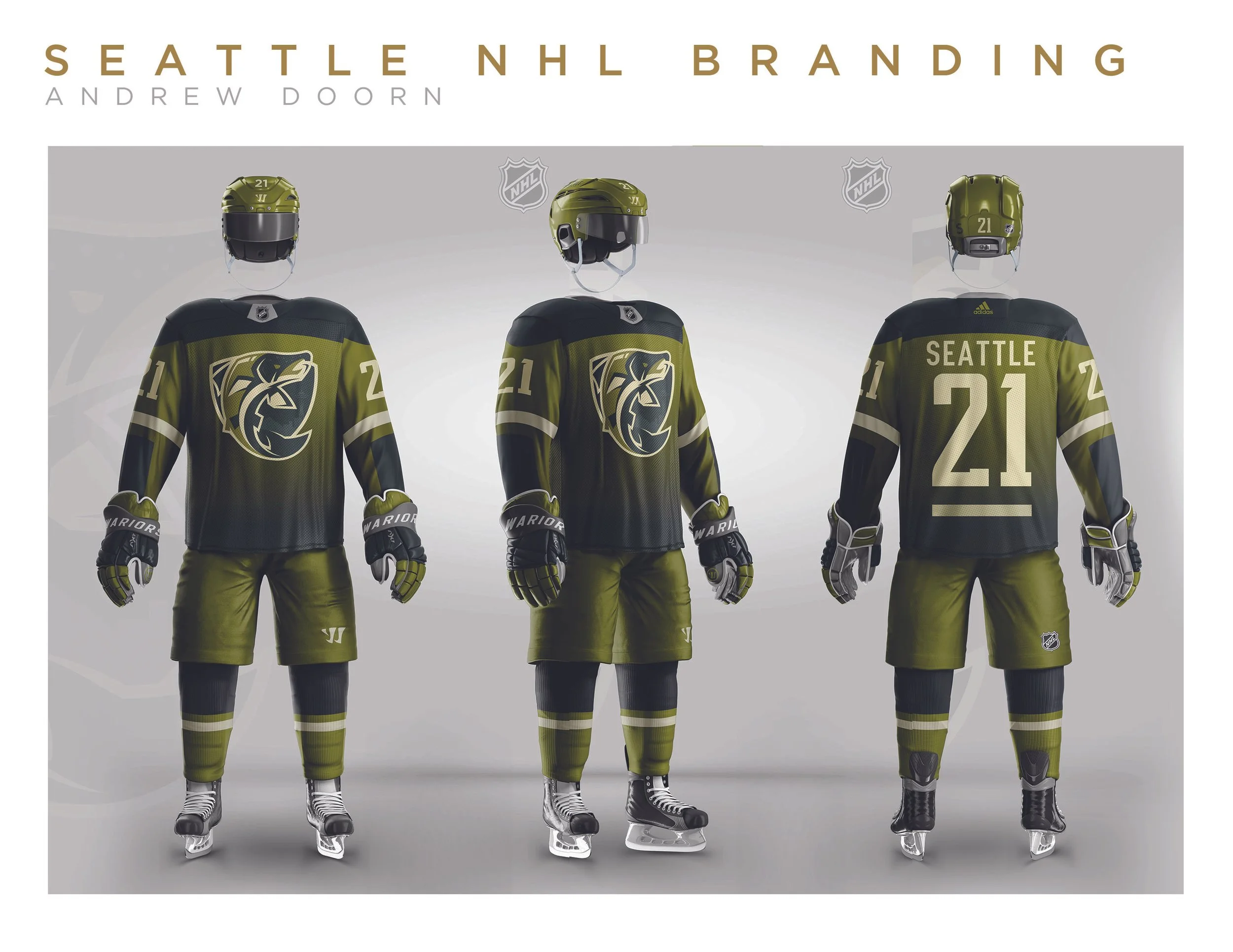 Three hockey uniforms for the Seattle NHL team with helmets, jerseys, gloves, and skates displayed side by side.