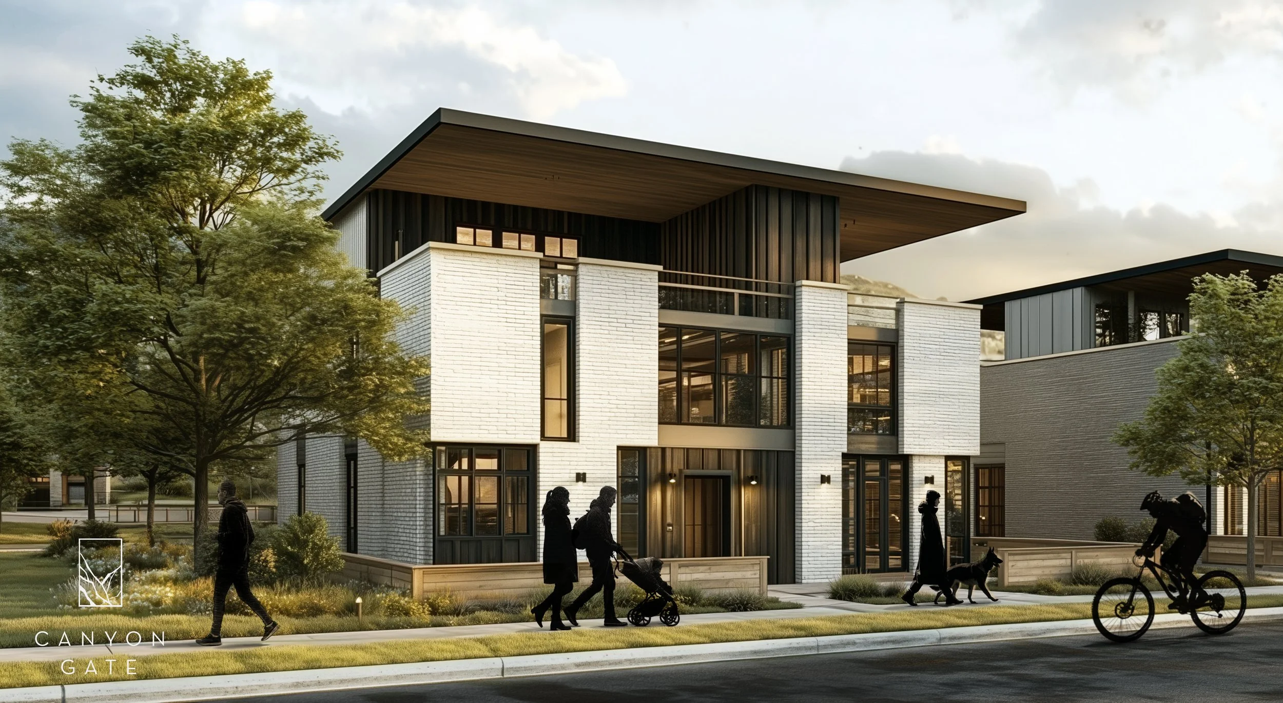 Modern multi-story building with white brick and black accents, surrounded by trees, with people walking and cycling in the foreground.