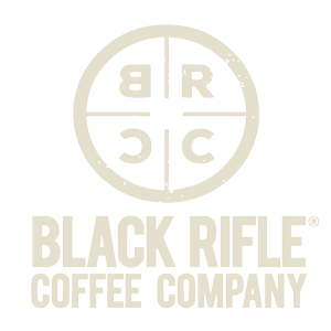 Black Rifle Coffee Company logo featuring a circular emblem with military-style letters and the brand name in bold text.
