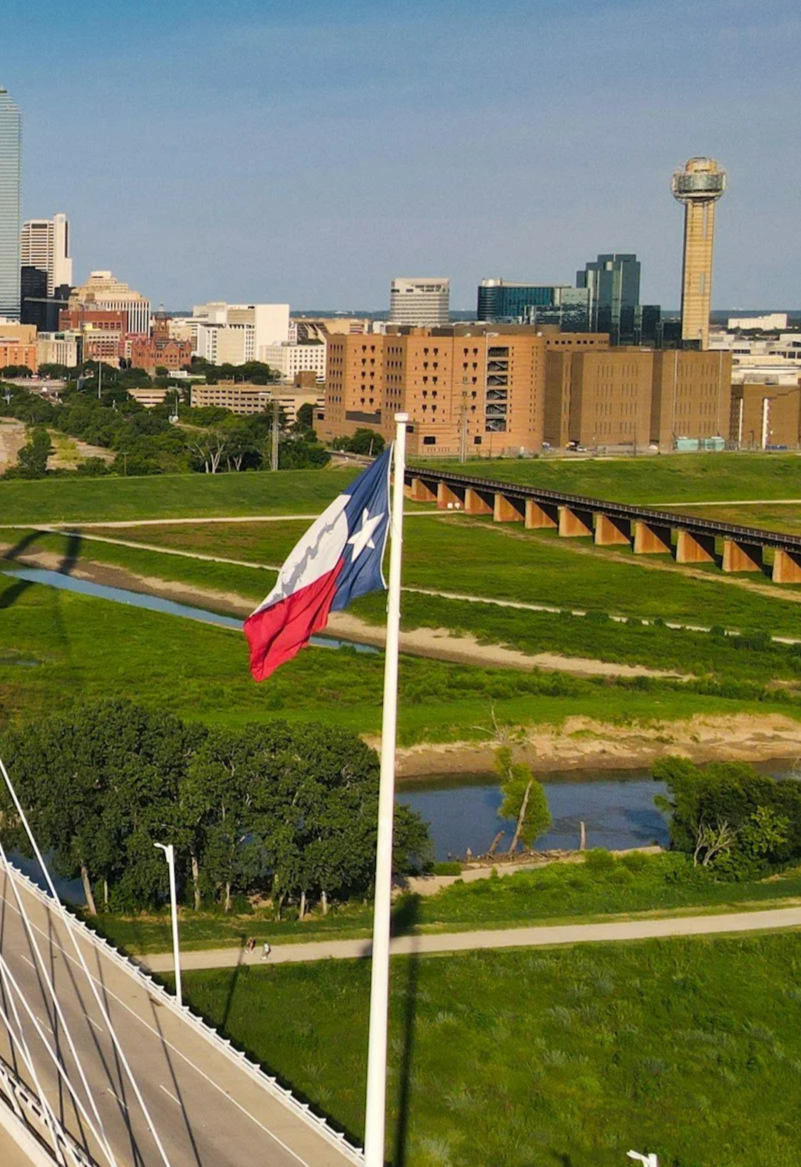 Texas state flag flying on a tall flagpole with a city skyline and green park in the background.