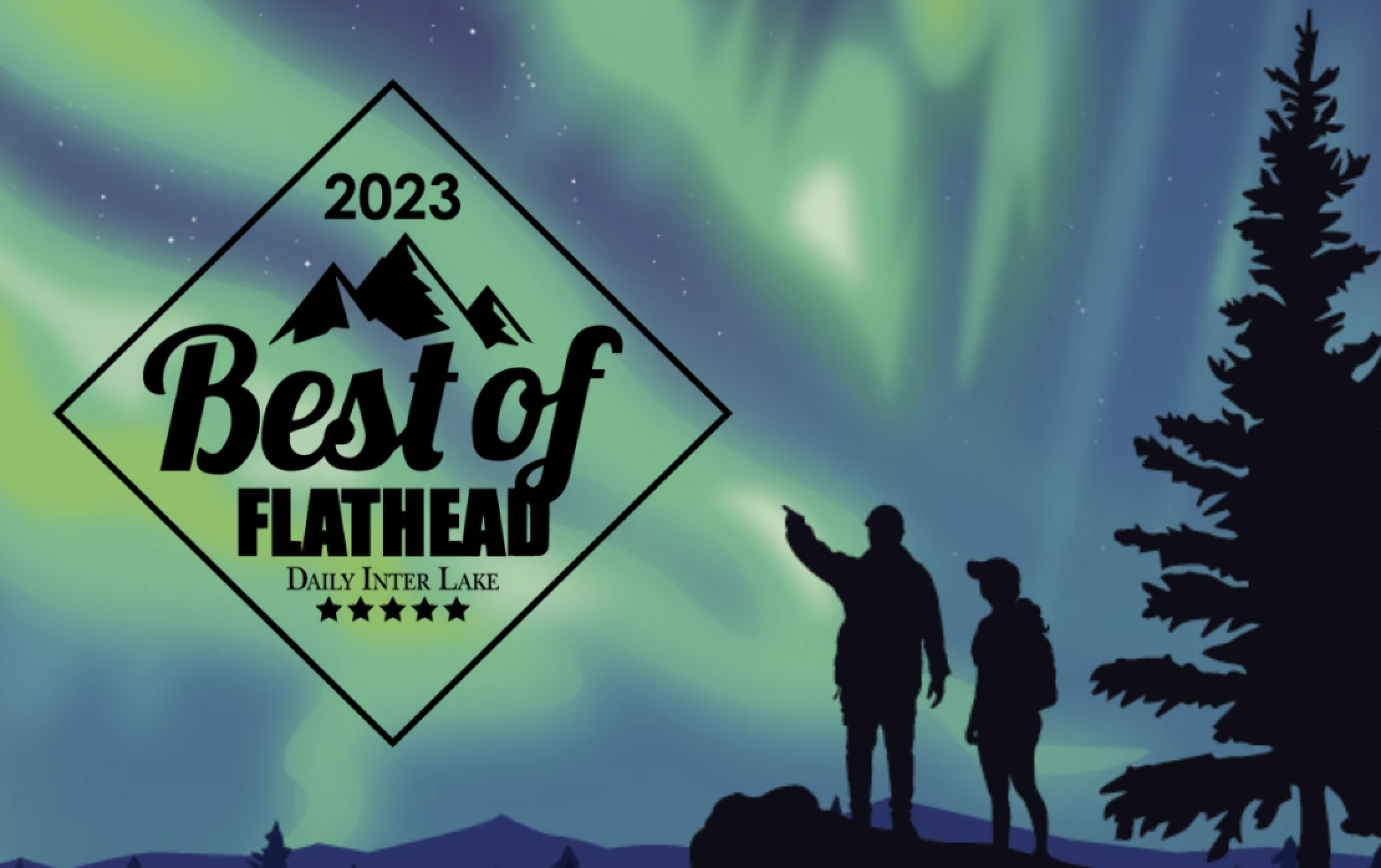 Silhouette of two people standing near a tree, gazing at the Northern Lights in the night sky over a lake, with a logo for the Best of Flathhead 2023 event in the foreground.