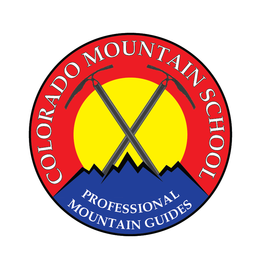 Colorado Mountain School logo featuring crossed ice axes over a mountain silhouette with a yellow sun and red and blue backgrounds.