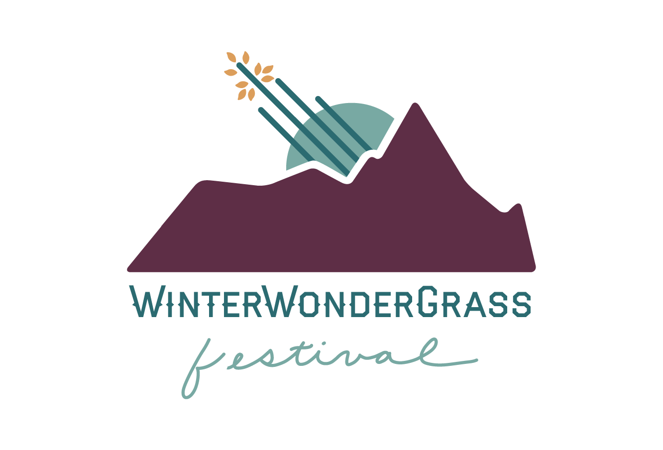 Logo for WinterWonderGrass festival featuring a mountain scene with a sun and three ski poles, with the text 'WinterWonderGrass festival' underneath.
