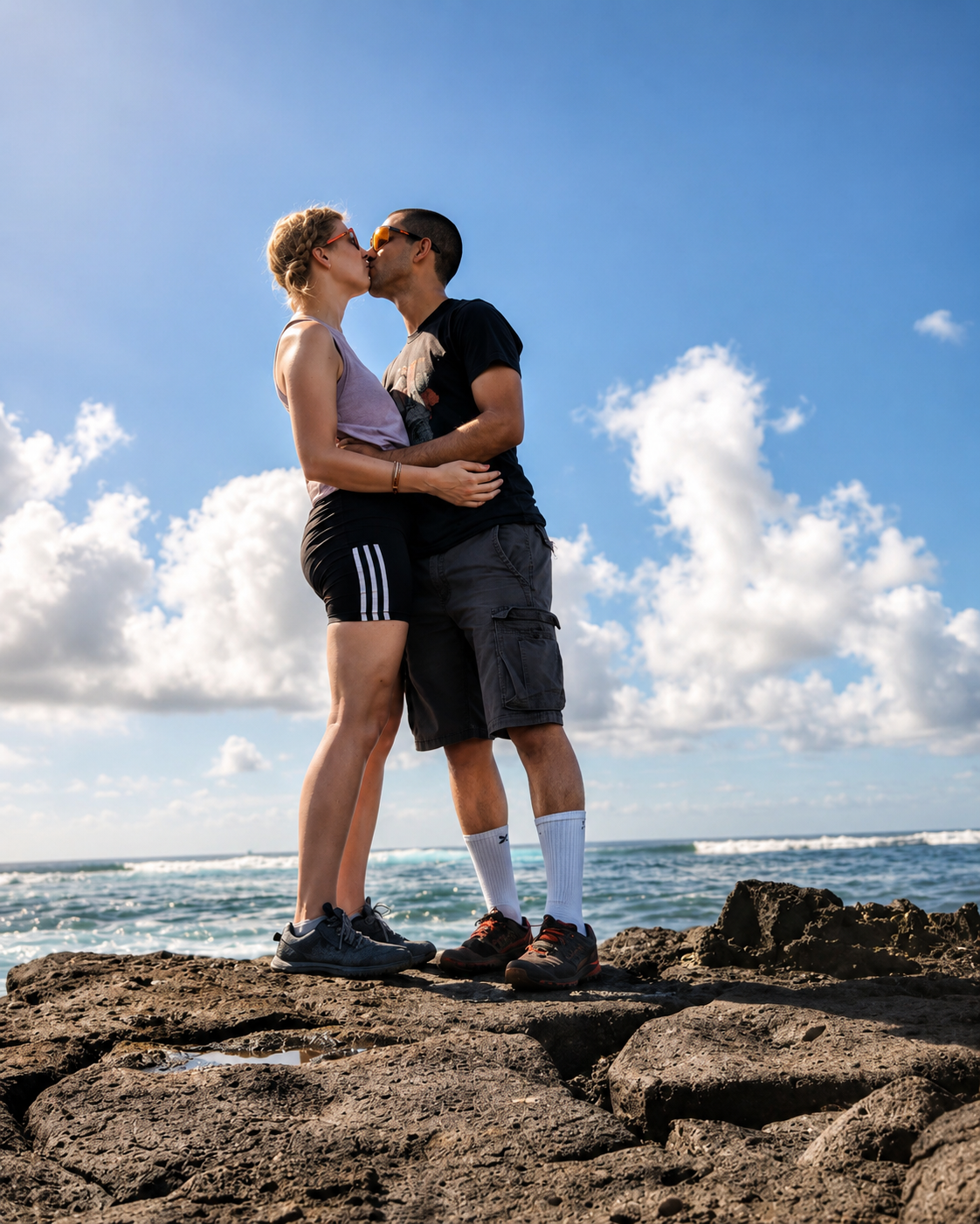 A couple kissing on rocks near the ocean under a partly cloudy sky.
