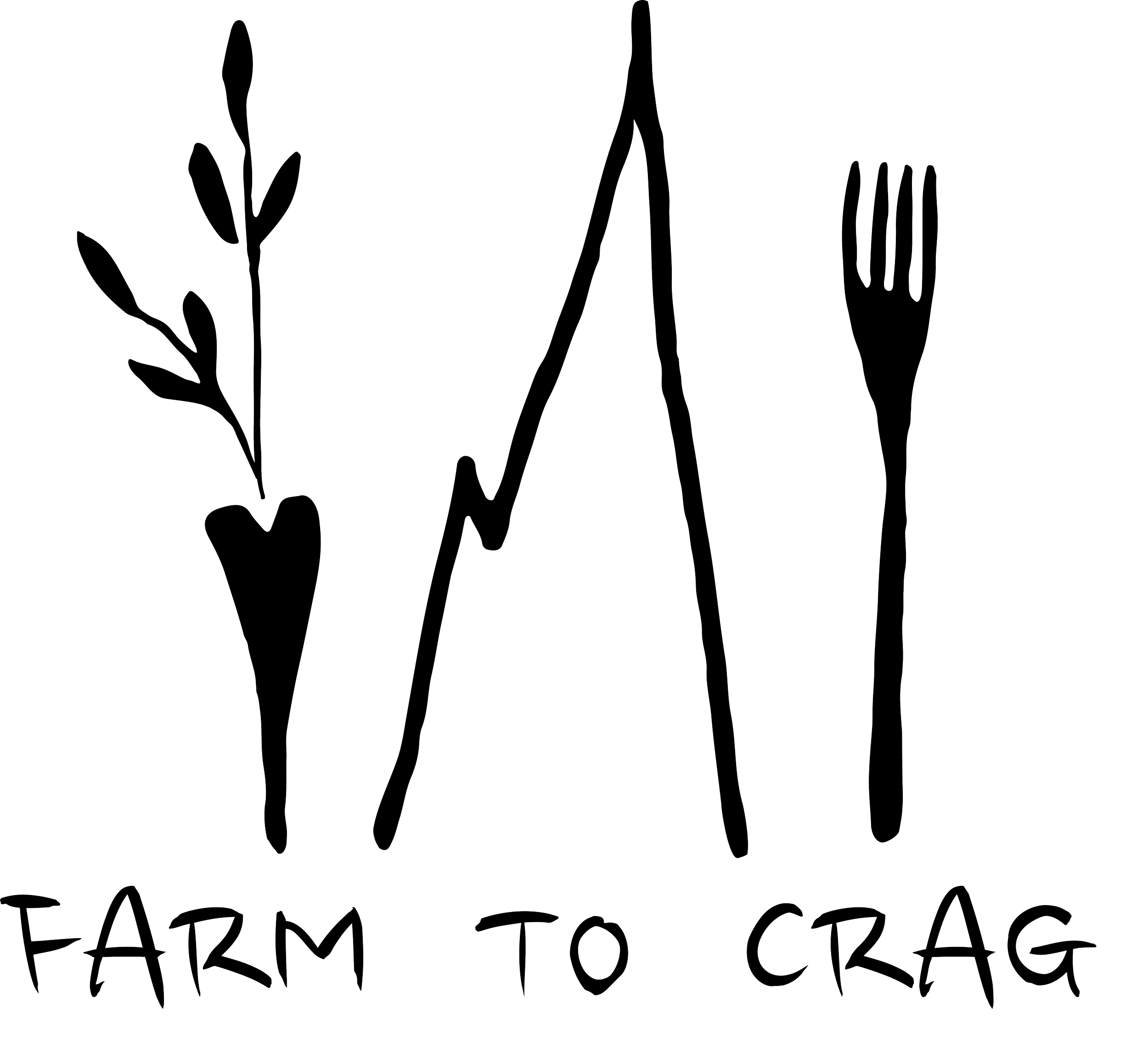 Outline of various gardening tools and leaves with text reading 'Farm to Table' in a handwritten style. Farm To Crag. Non profit founded by Katherine Rutherford