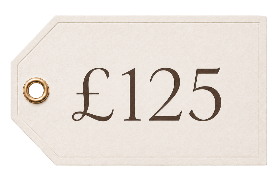 A beige price tag with a gold eyelet, displaying the price of 125 British pounds (£125) in black text.