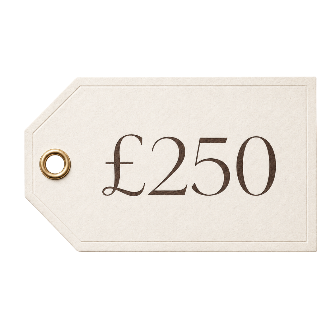 A white price tag with a gold eyelet showing the price of 250 British pounds.