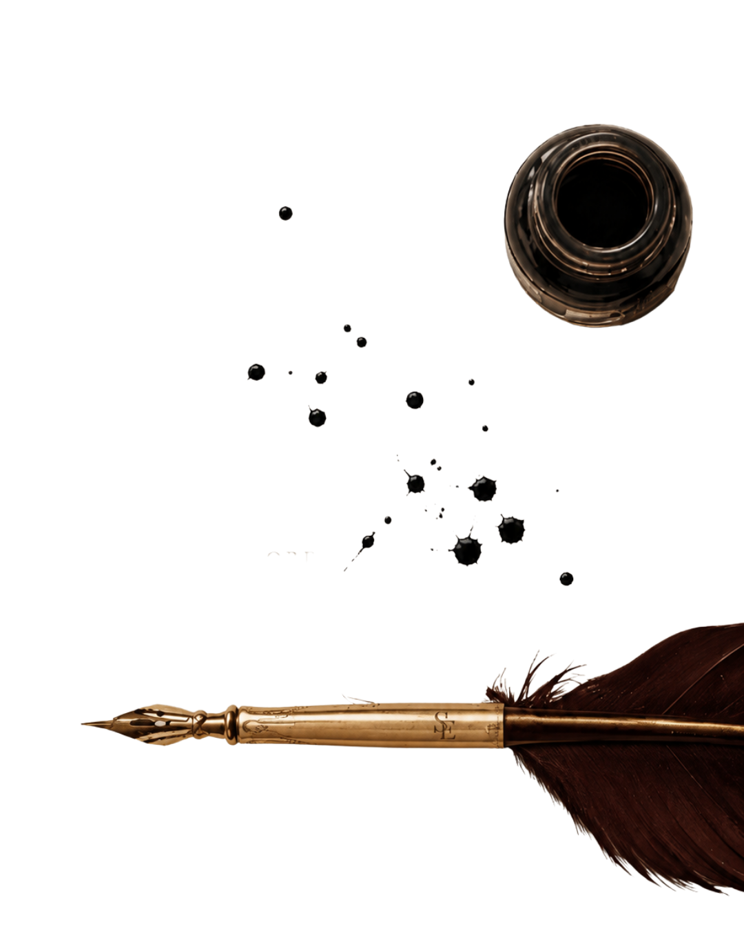 A gold fountain pen with a feather quill, a bottle of ink, and ink drops on a black background.