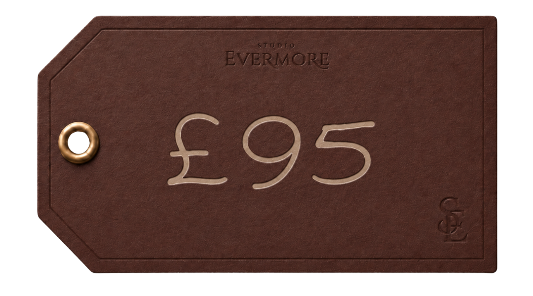 Brown tag displaying the price of £95 for Studio Evermore.